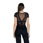 Morgan de toi women black lace top with short sleeves and sheer mesh back featuring automatic buttons