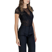 Morgan De Toi women black round neck blouse with automatic buttons featuring a black lace top and sheer mesh bodice