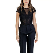 Morgan De Toi women black lace blouse with short sleeves and sheer mesh panel featuring automatic buttons