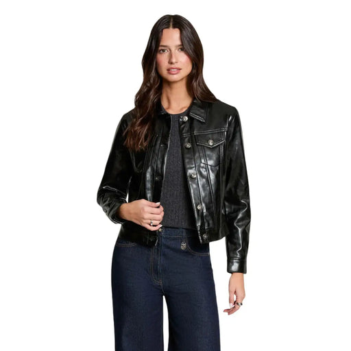 Morgan De Toi Schwarzer Damenblazer aus Kunstleder mit silbernen Knöpfen und klassischen Vordertaschen im Denim-Stil.