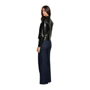 Morgan De Toi women black synthetic blazer with classic button and glossy finish leather biker jacket design