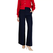 Navy blue wide-leg Morgan De Toi women trousers with straight cut front pockets made of polyester fabric
