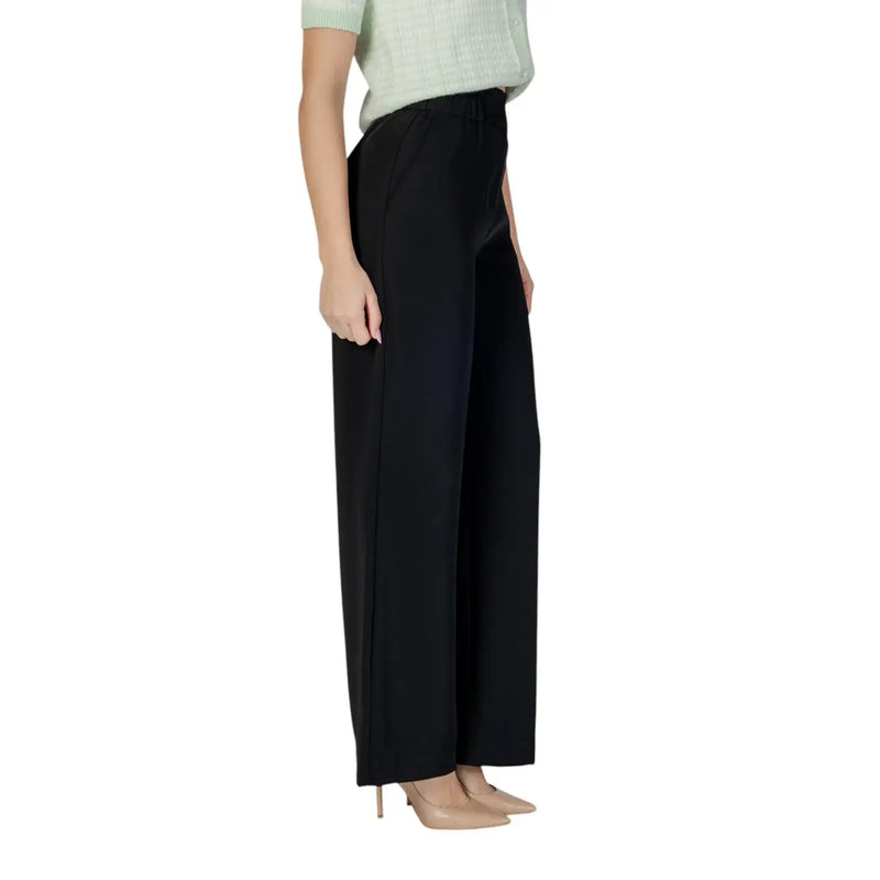 Morgan De Toi women black high-waisted wide-leg trousers in smooth polyester with zip and button closure