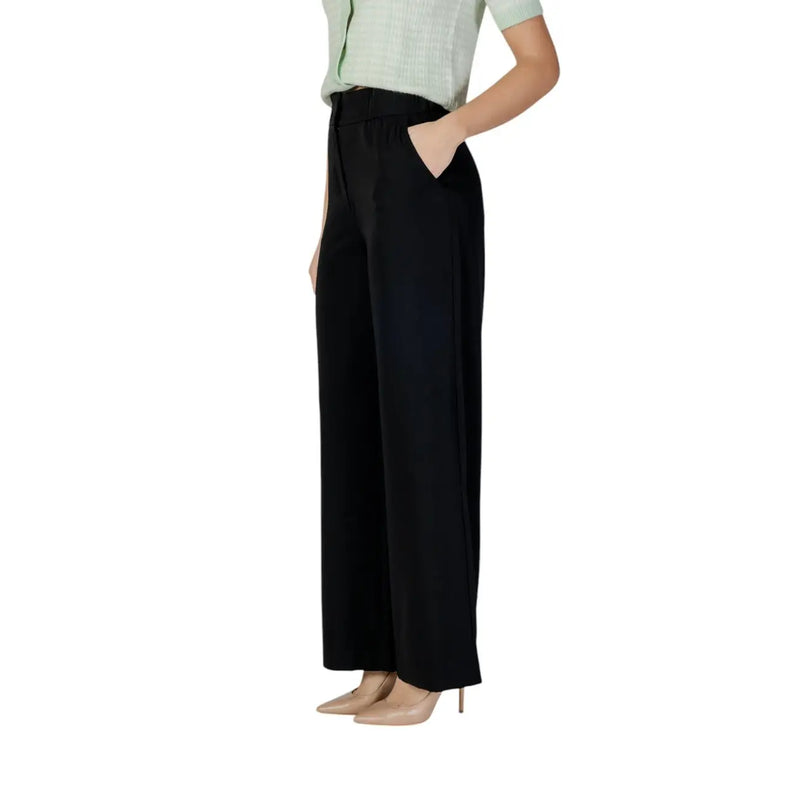 Morgan De Toi women black polyester trousers with wide-leg tailored fit and subtle side seam detailing