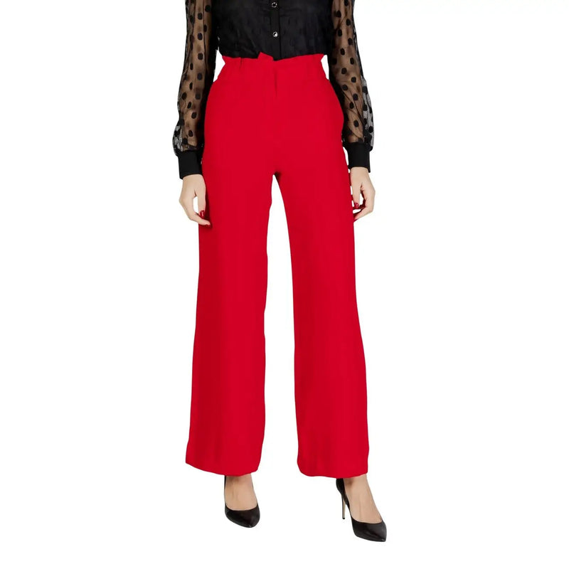 Morgan De Toi women black polyester trousers with zip button and tailored fit shown with bright red high-waisted wide-leg trousers