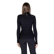 Back side of Morgan De Toi women black turtleneck knitwear sweater with ribbed texture and horizontal stripe detailing