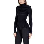 Morgan De Toi women black ribbed knit turtleneck sweater with horizontal striped texture across the chest
