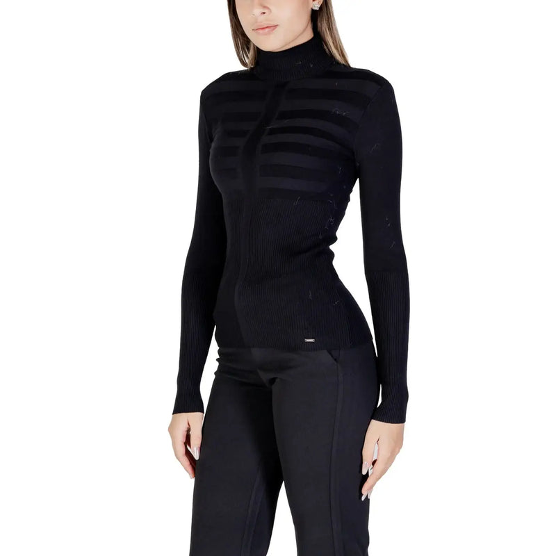 Morgan De Toi women black ribbed knit turtleneck sweater with horizontal striped texture across the chest