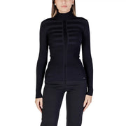 Morgan De Toi women black ribbed knitwear sweater with turtleneck central zipper and horizontal textured panels