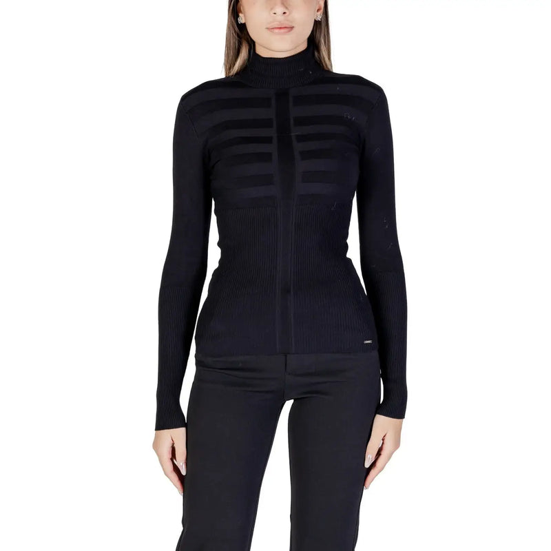 Morgan De Toi women black ribbed knitwear sweater with turtleneck central zipper and horizontal textured panels