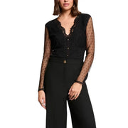 Morgan De Toi women black V neck blouse with lace top sheer polka-dot sleeves and gold buttons