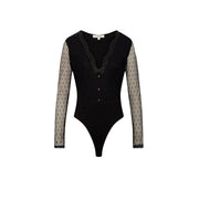Morgan De Toi women black v neck blouse with sheer polka-dot sleeves lace trim and black morda bodysuit detail