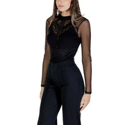 Morgan De Toi women black viscose blouse with black lace bodysuit sheer mesh sleeves and high neckline