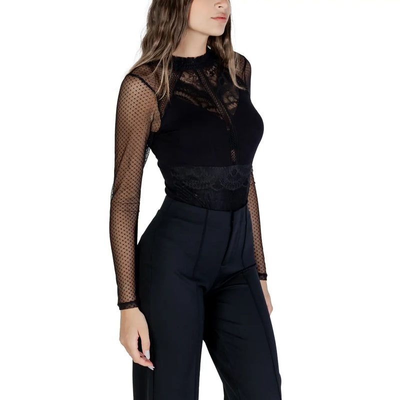 Morgan De Toi women black viscose blouse with long sleeves featuring a sheer mesh lace bodysuit design
