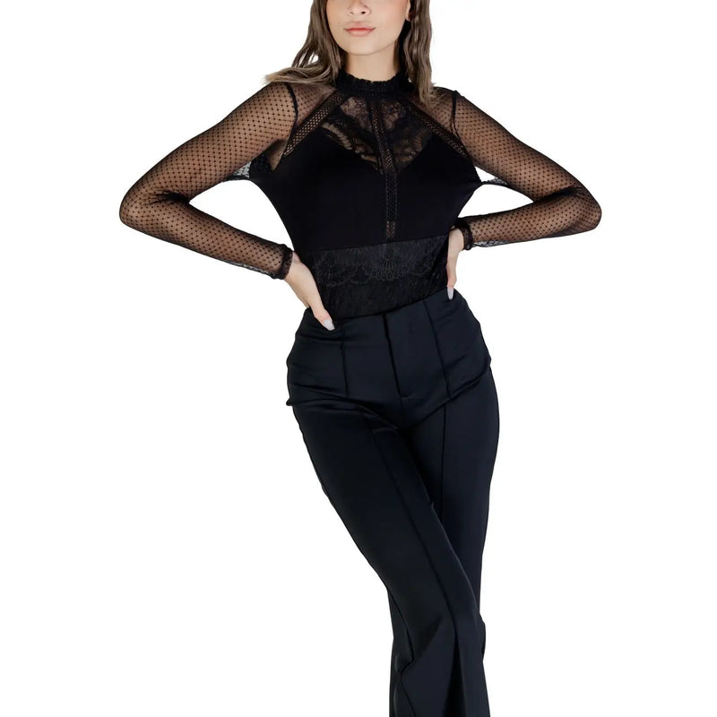 Morgan De Toi women black viscose blouse long sleeve with sheer mesh lace detailing and high neckline front view