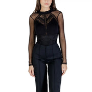Black lace bodysuit with sheer mesh sleeves and high neckline made of viscose by Morgan De Toi women