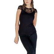 Morgan De Toi women black viscose blouse with sleeveless design and lace detailing on shoulders and neckline