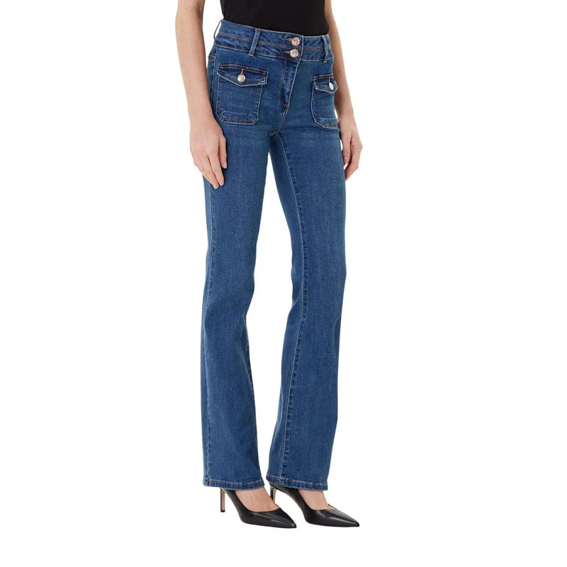 Morgan de toi Damen-Jeans aus blauem Baumwollmischgewebe mit ausgestelltem Bein, Knopfverschluss und Vordertaschen aus Denim