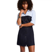 Morgan De Toi women blue dress button belt poly blend with navy and light blue two-tone fitted bodice and flared skirt