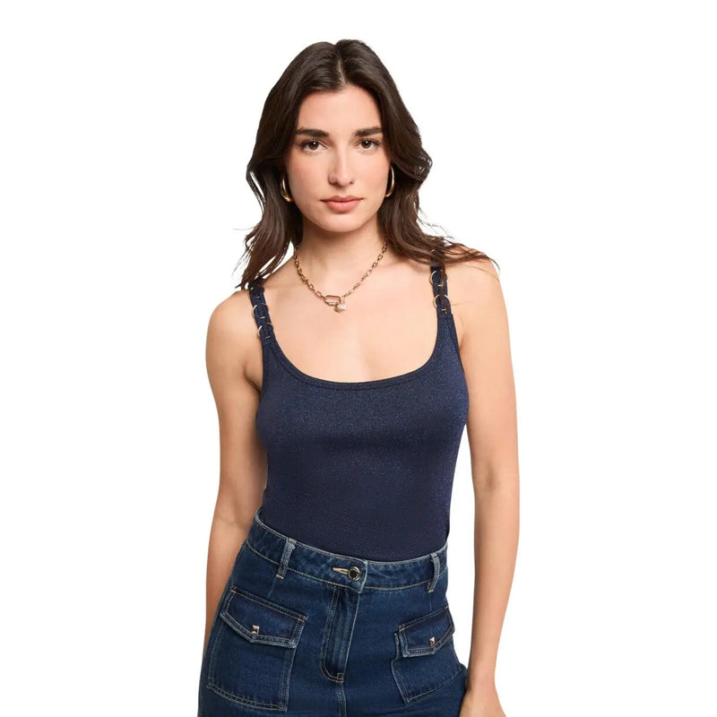 Navy blue ribbed viscose Morgan De Toi women strappy square neck top with adjustable spaghetti straps