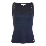 Morgan De Toi women blue shimmering viscose tank top with gold-toned ring detailing on navy straps and square neck