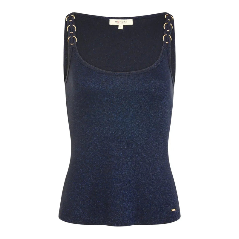 Morgan De Toi women blue shimmering viscose tank top with gold-toned ring detailing on navy straps and square neck