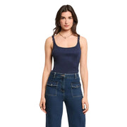 Navy blue textured viscose spaghetti strap top with subtle embellishments on straps by Morgan De Toi women