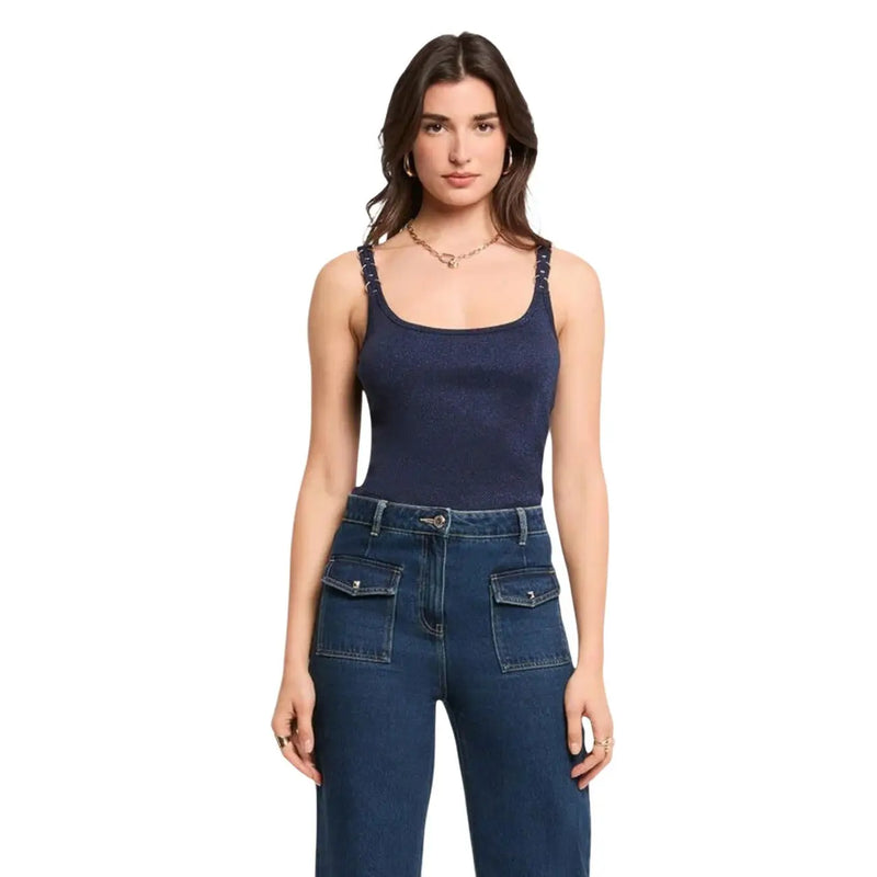 Navy blue textured viscose spaghetti strap top with subtle embellishments on straps by Morgan De Toi women