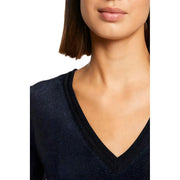 Morgan de toi women blue v neck polyester t shirt plain short with a dark navy subtly shimmering knit top design