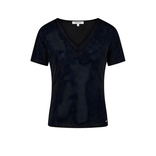 Morgan De Toi women black v neck short-sleeved polyester top with subtle shimmering texture for casual wear