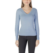 Morgan de toi women blue v neck viscose knitwear featuring a soft light blue long-sleeved v neck sweater with smooth knit texture