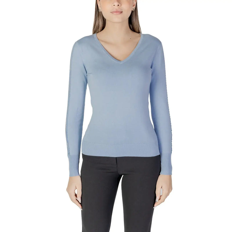 Morgan de toi women blue v neck viscose knitwear featuring a soft light blue long-sleeved v neck sweater with smooth knit texture