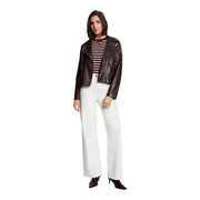 Morgan De Toi women bordeaux blazer synthetic leather featuring a dark brown leather moto jacket with silver zippers and buttons