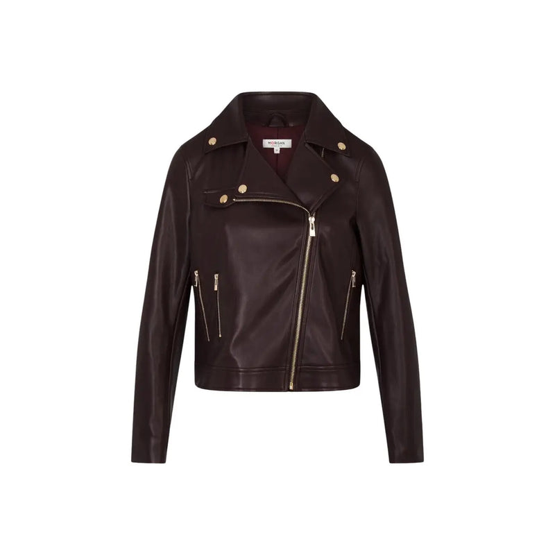Morgan de toi women bordeaux blazer synthetic leather dark brown faux leather biker jacket with gold-tone zippers and buttons