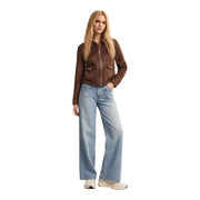 Brown leather jacket by morgan de toi with front zipper and two flap pockets made of polyester elastane