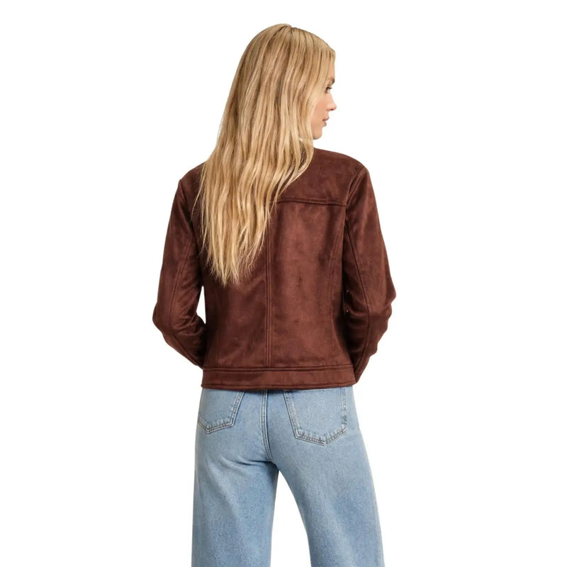 Brown suede moto jacket with a classic slightly cropped silhouette from Morgan De Toi made of polyester elastane