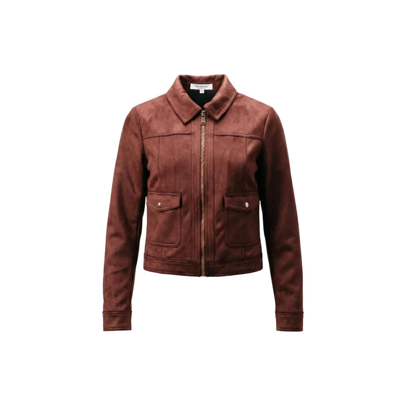 Morgan De Toi women brown suede moto jacket with collar front zipper closure and two flap pockets polyester elastane