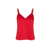 A vibrant red satin camisole with thin straps and gold tone decorative clasps from Morgan De Toi