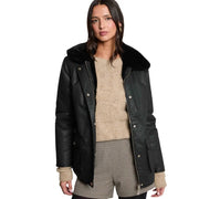 Schwarzer Parka aus Kunstleder mit flauschig gefütterter Kapuze von Morgan De Toi Schwarze Damen-Baumwolljacke mit Knöpfen