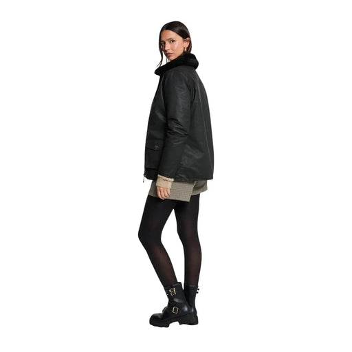 Morgan De Toi Schwarze Damen-Kunstlederjacke mit flauschig gefüttertem Kragen und Knopfleiste