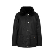 Morgan De Toi Schwarze Damen-Baumwolljacke mit wasserdichter, flauschig gefütterter Kapuze und silberfarbenen Knöpfen