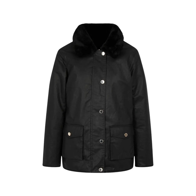 Morgan De Toi Schwarze Damen-Baumwolljacke mit wasserdichter, flauschig gefütterter Kapuze und silberfarbenen Knöpfen