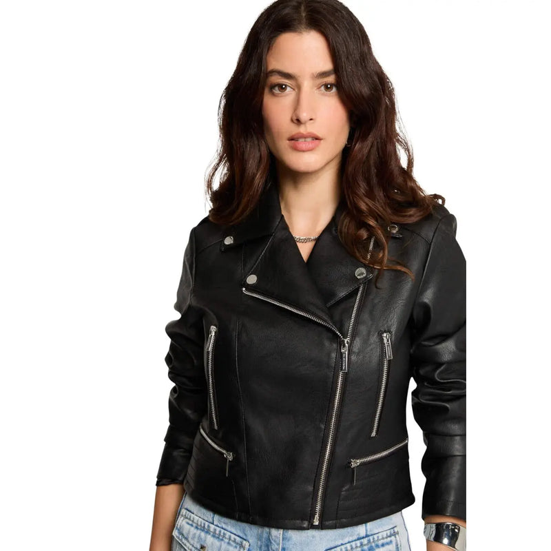 Morgan de toi women faux leather blazer black polyurethane with black leather biker jacket style silver zippers and snap buttons