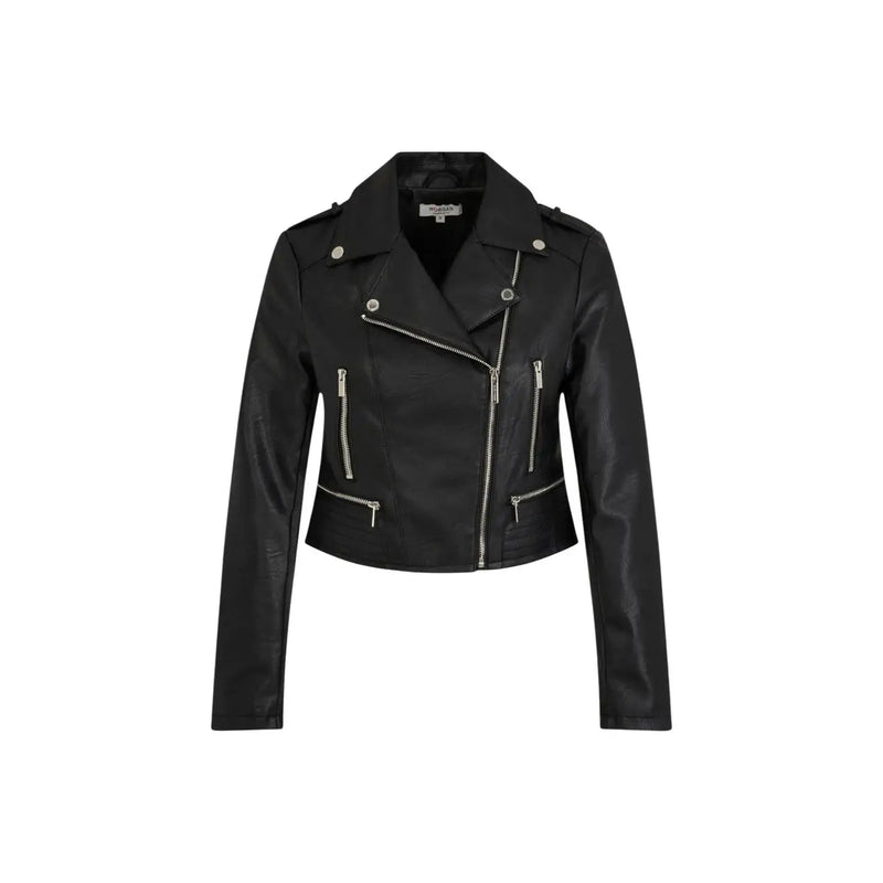 Morgan De Toi women faux leather blazer black polyurethane biker jacket with silver zippers and snap buttons