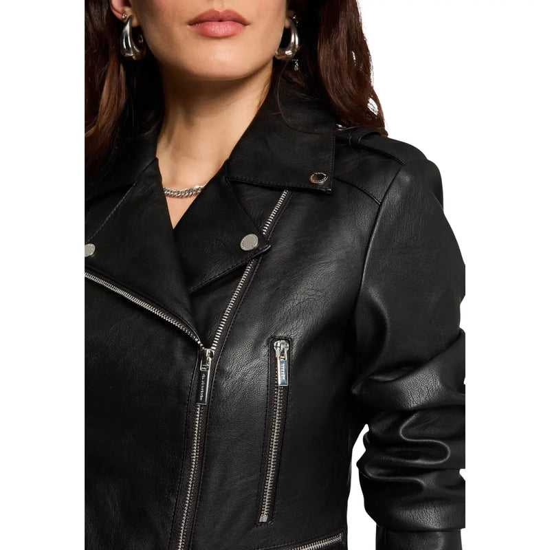 Morgan de Toi women black faux leather biker jacket with silver zippers and snap buttons in polyurethane