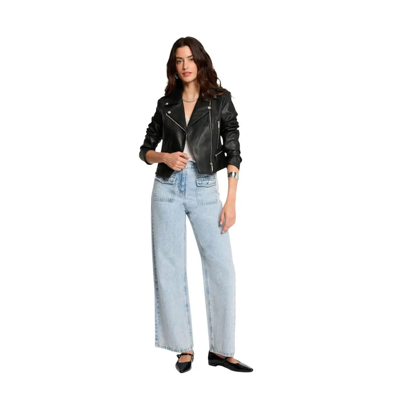 Morgan de toi women faux leather blazer black polyurethane biker jacket with silver zippers and snap buttons
