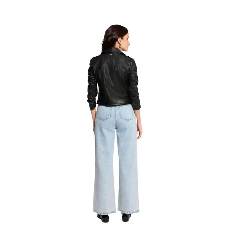 Morgan De Toi women black faux leather biker jacket with long sleeves and classic collar in polyurethane material