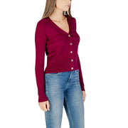 Morgan De Toi women fuchsia long-sleeved v-neck cardigan with silver buttons in viscose blend knit fabric