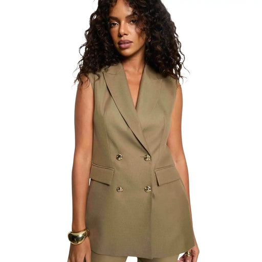 Blazer kaki sans manches à double boutonnage avec boutons dorés et poches à rabat en mélange de polyester par Morgan De Toi