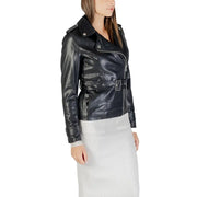 Women’s black leather biker jacket with belted waist from Morgan De Toi Long Black Polyurethane Blazer